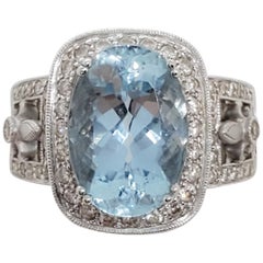 Aquamarine Oval and White Diamond Fashion Ring in 18 Karat White Gold