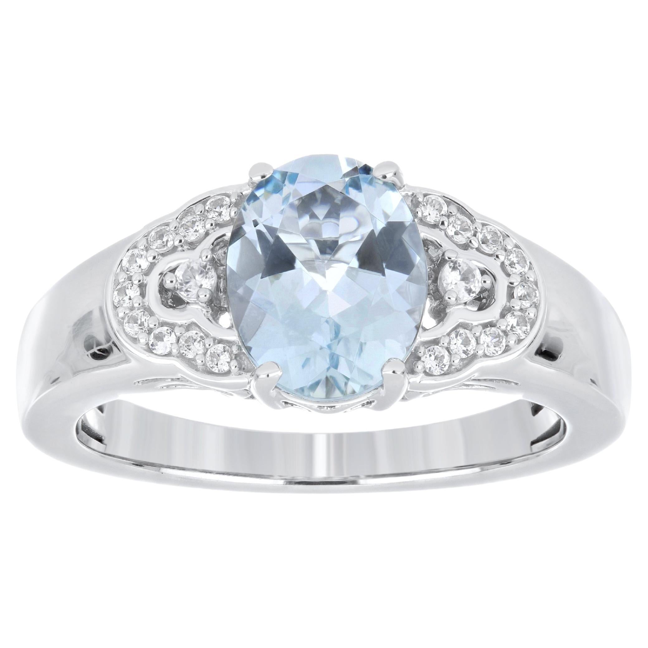 Aquamarine Oval and White Zircon Ring 14 Karat White Gold