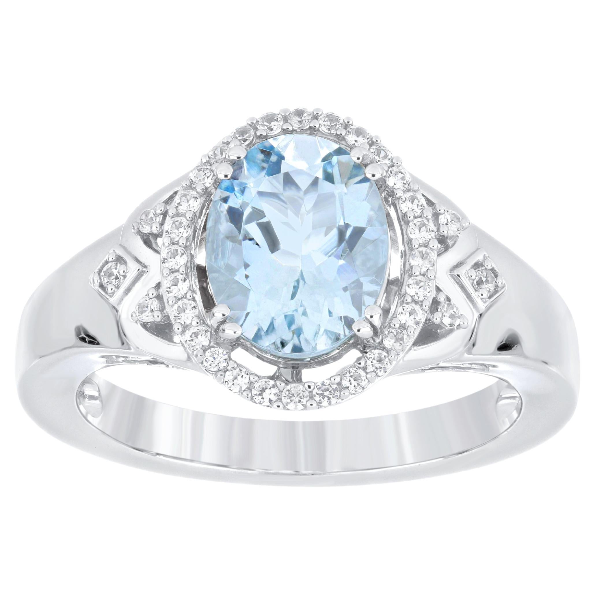 Aquamarine Oval and White Zircon Ring 14 Karat White Gold For Sale