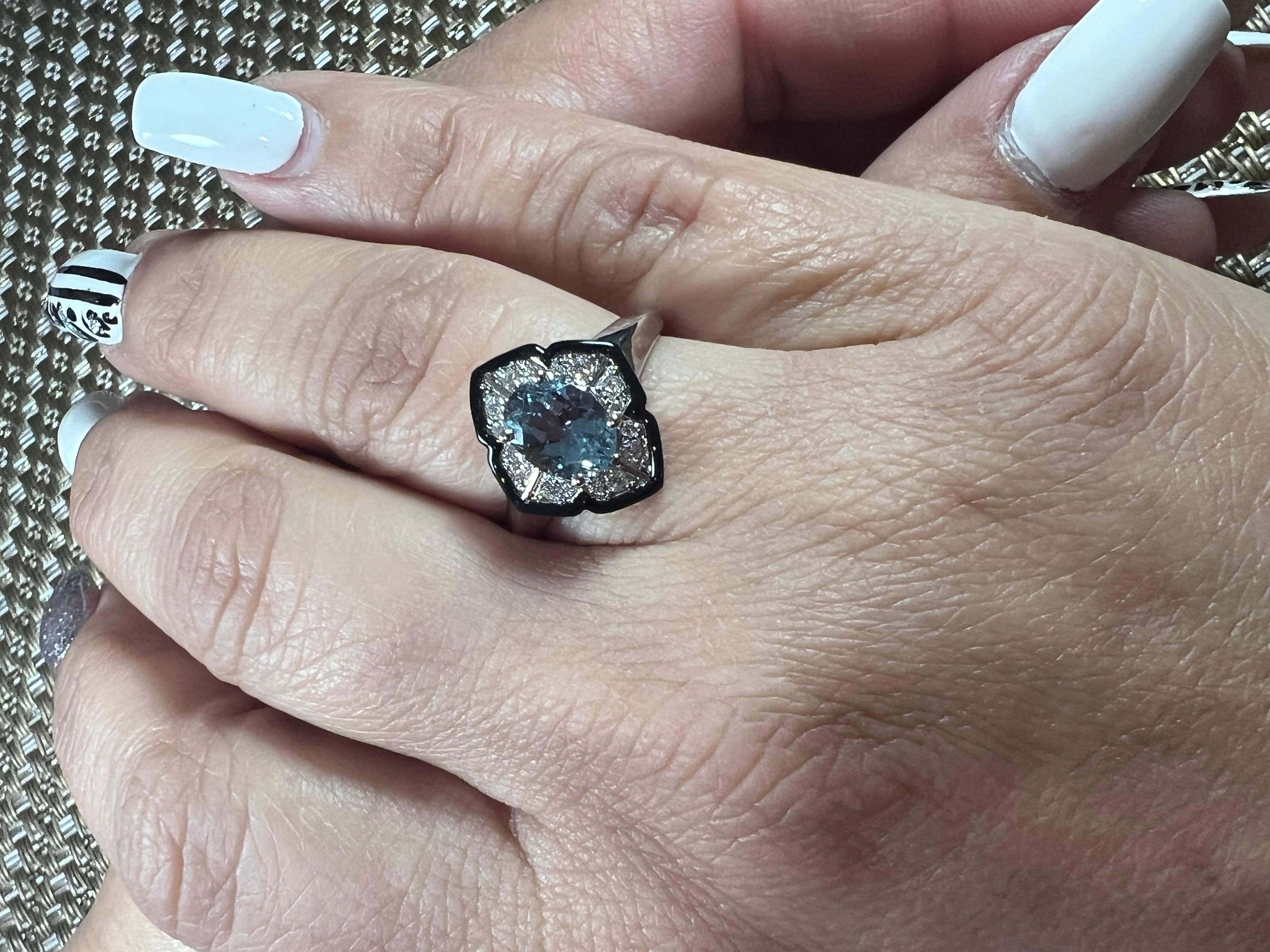 Aquamarine Oval Diamond Round 14K White Gold Art Deco Enamel Engagement Ring For Sale 2