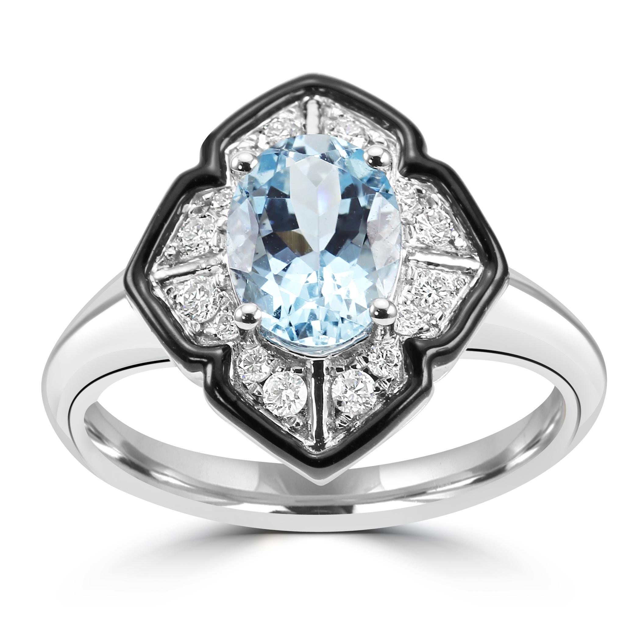 Step into the glamorous world of the Roaring Twenties with our Art Deco-inspired Fashion Fancy Ring, a mesmerizing piece that exudes vintage elegance. 

The focal point of this ring is a gorgeous Aquamarine Oval center, weighing 1.26 carats, evoking