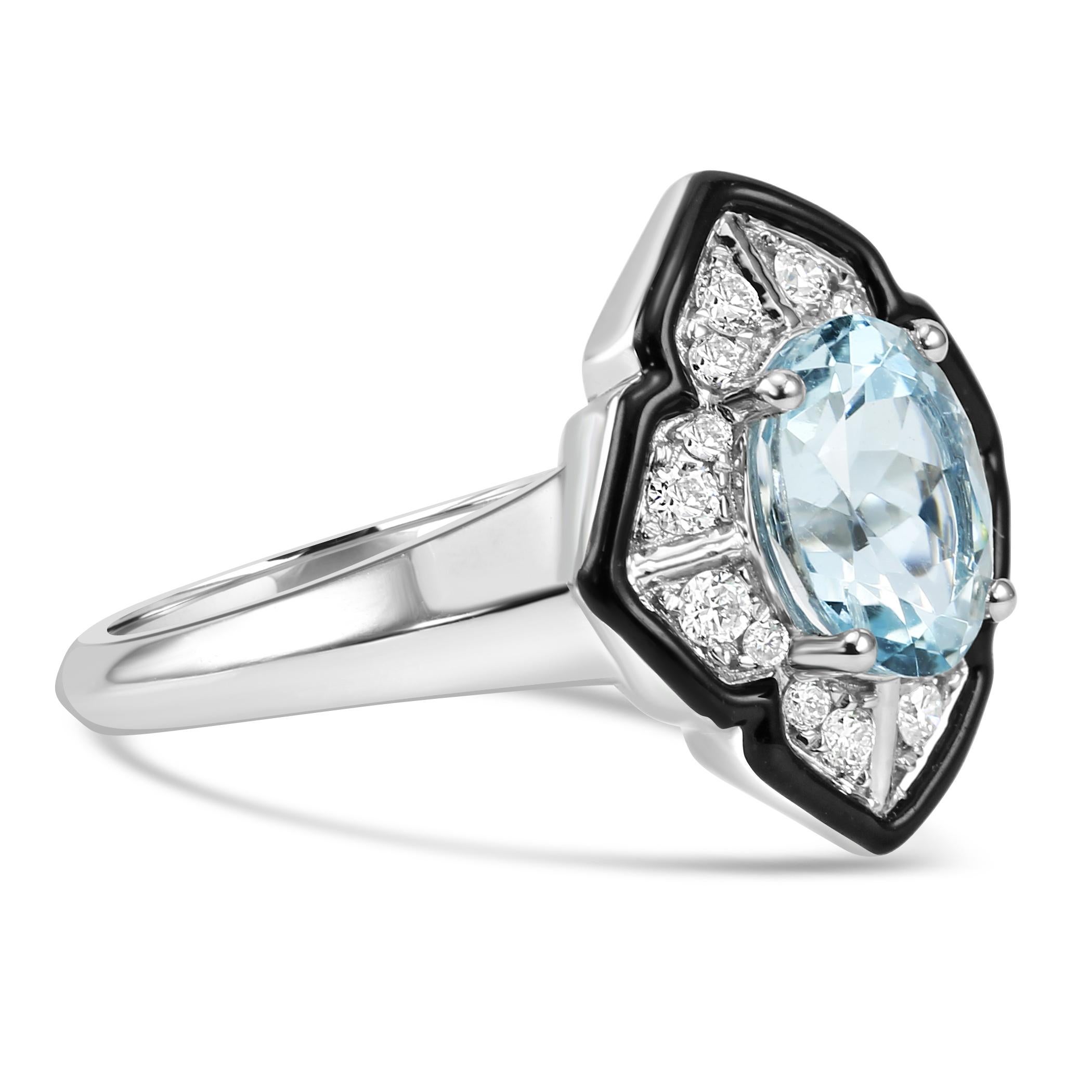 Modern Aquamarine Oval Diamond Round 14K White Gold Art Deco Enamel Engagement Ring For Sale