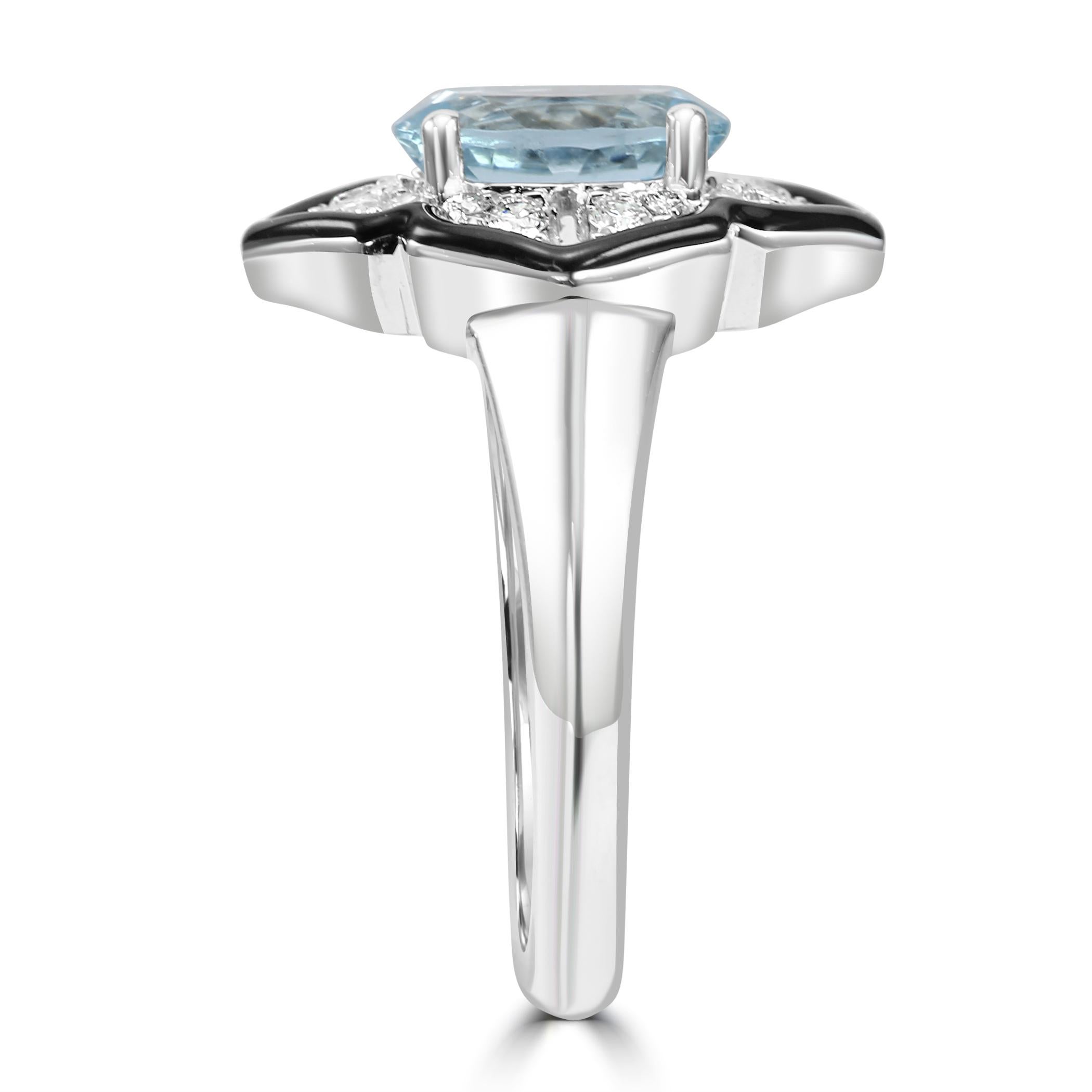 Oval Cut Aquamarine Oval Diamond Round 14K White Gold Art Deco Enamel Engagement Ring For Sale