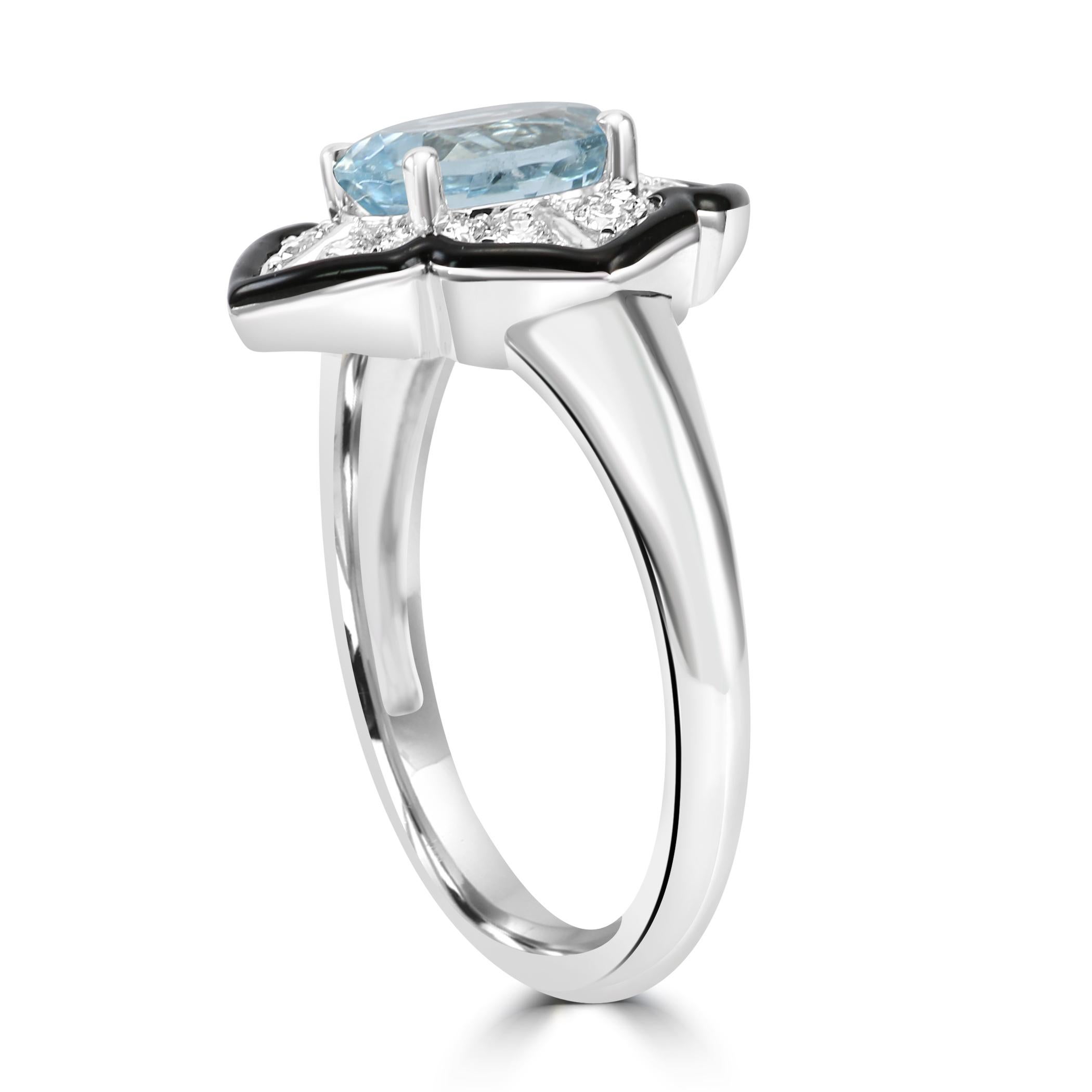 Aquamarine Oval Diamond Round 14K White Gold Art Deco Enamel Engagement Ring In New Condition For Sale In Sayreville, NJ