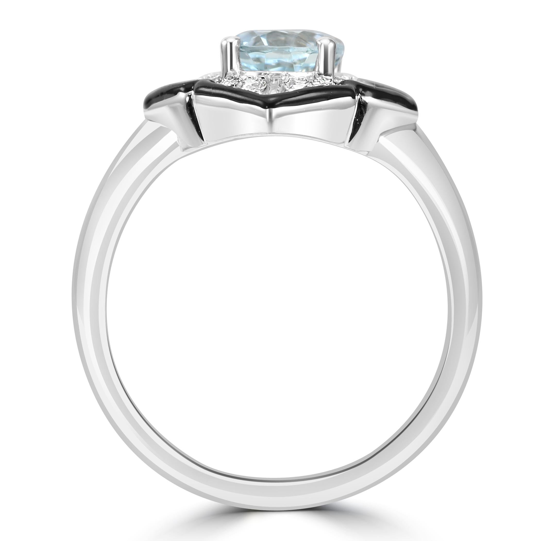 Women's or Men's Aquamarine Oval Diamond Round 14K White Gold Art Deco Enamel Engagement Ring For Sale
