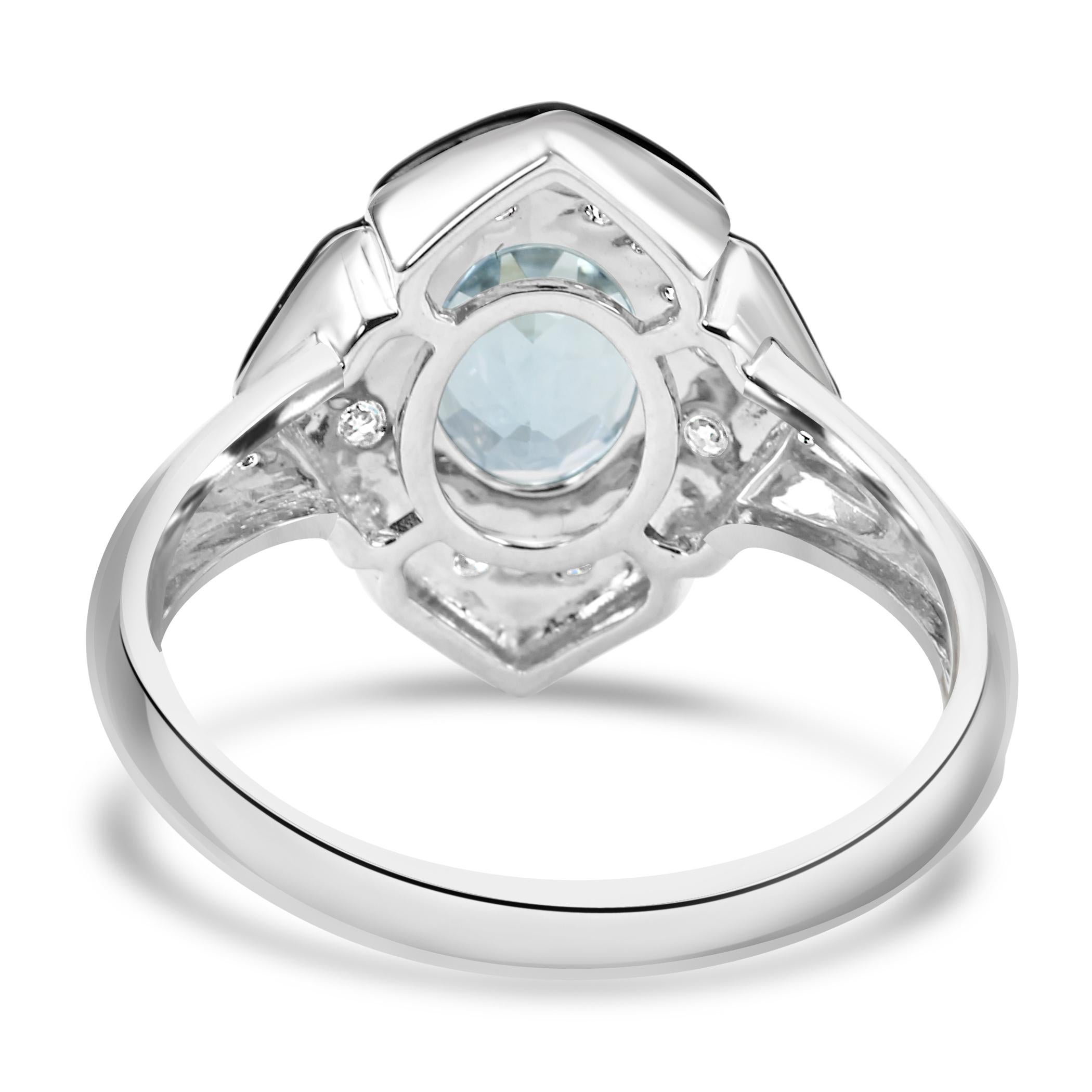 Aquamarine Oval Diamond Round 14K White Gold Art Deco Enamel Engagement Ring For Sale 1