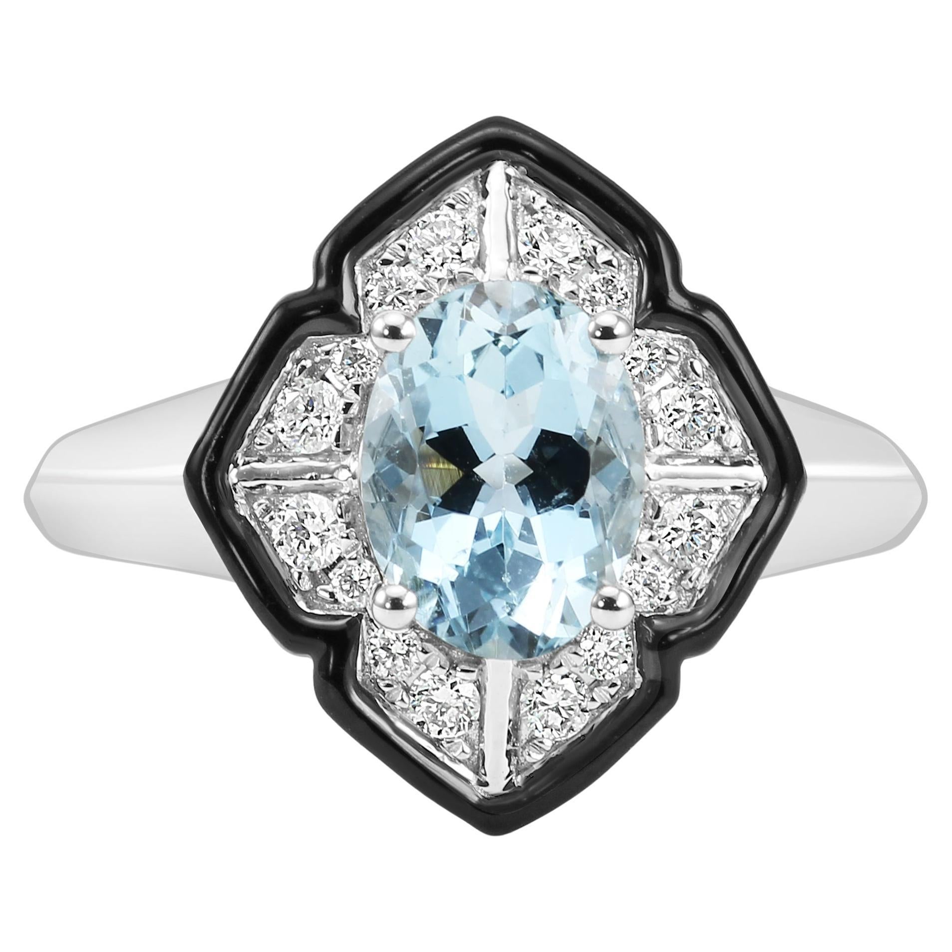 Aquamarine Oval Diamond Round 14K White Gold Art Deco Enamel Engagement Ring For Sale