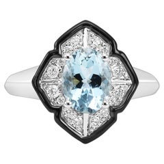Aquamarine Oval Diamond Round 14K White Gold Art Deco Look Enamel Fancy Ring