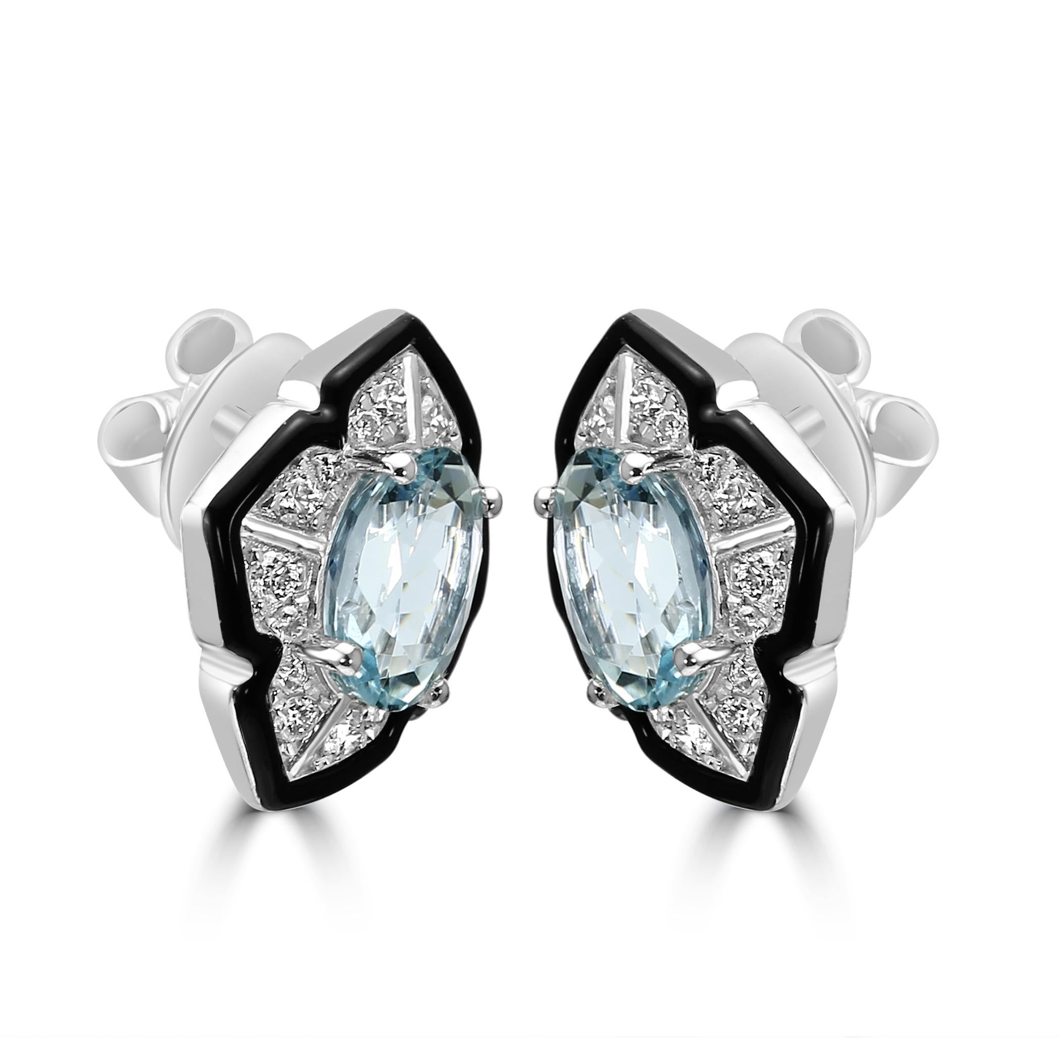 Step into the glamorous world of Art Deco with our 14K White Gold Art-Deco look earrings, a stunning combination of vintage-inspired design and modern sophistication. 

The focal point of these earrings is the beautiful Aquamarine  Oval in each
