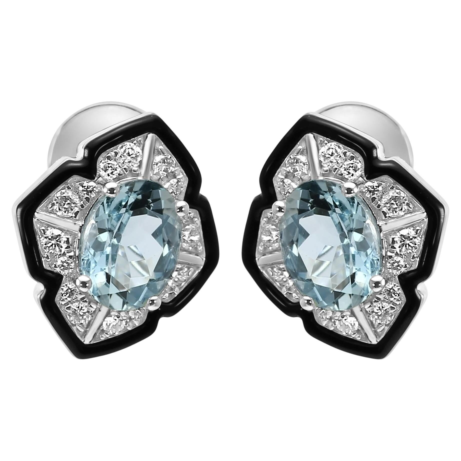 Aquamarine Oval Diamond Round 14K White Gold Enamel Art Deco Look Fancy Earrings For Sale