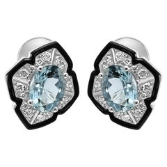 Aquamarine Oval Diamond Round 14K White Gold Enamel Art Deco Look Fancy Earrings