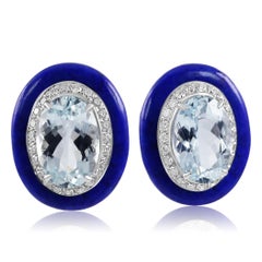 Aquamarine Oval Diamond Round Lapis Lazuli Halo 18 Karat Gold Art Deco Earring