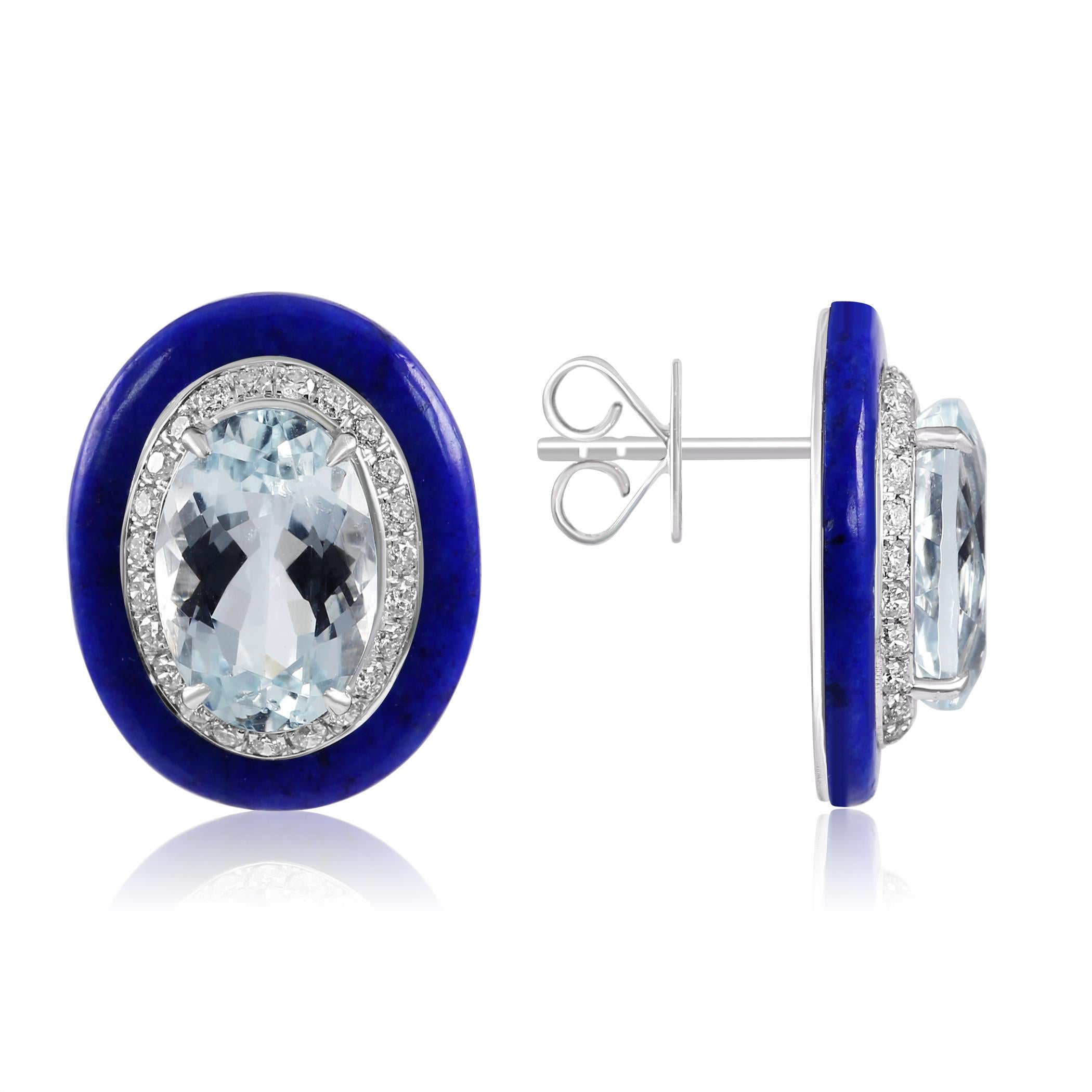 Oval Cut Aquamarine Oval Diamond Round Lapis Lazuli Halo 18K White Gold Art Deco Earring For Sale