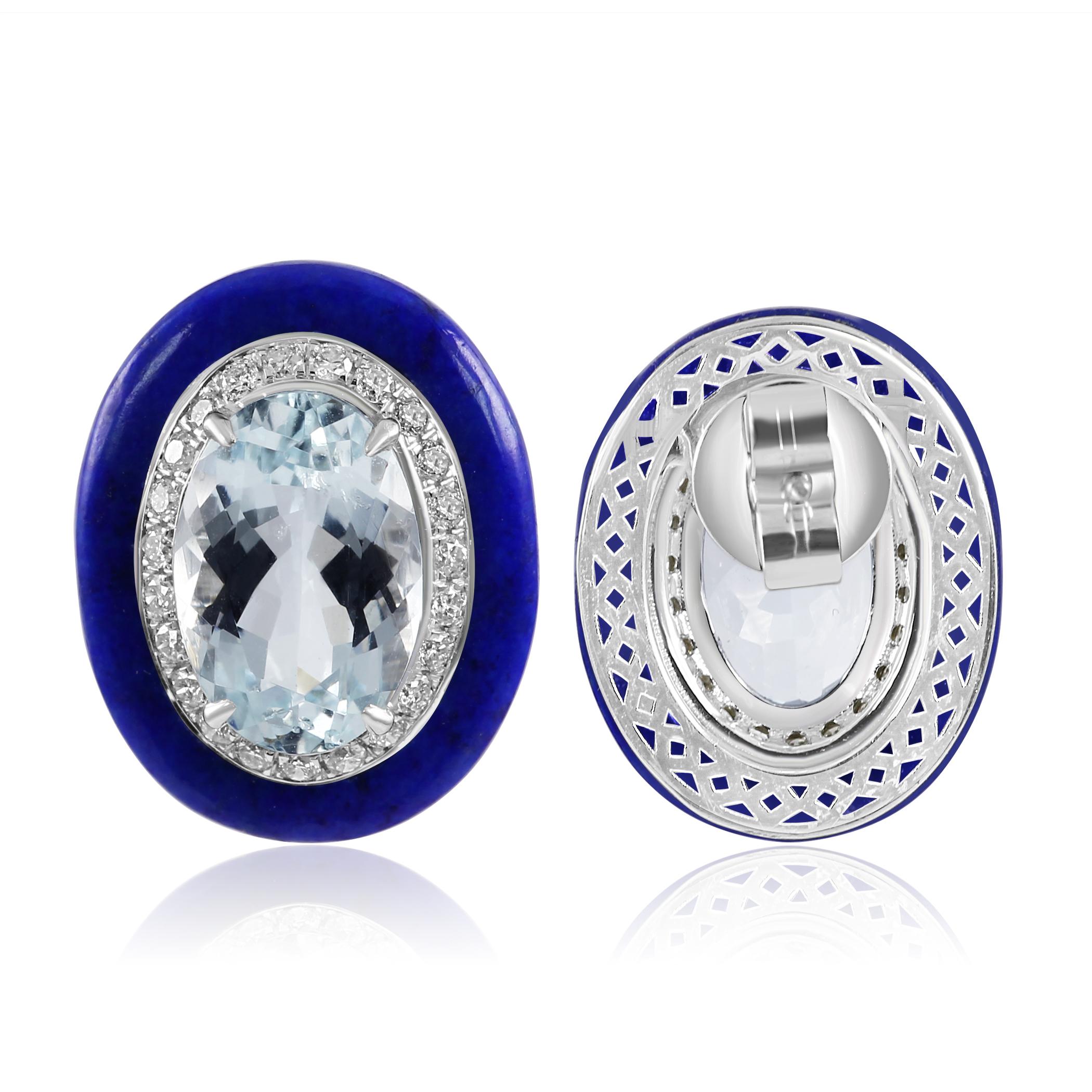 Aquamarine Oval Diamond Round Lapis Lazuli Halo 18K White Gold Art Deco Earring In New Condition For Sale In Sayreville, NJ