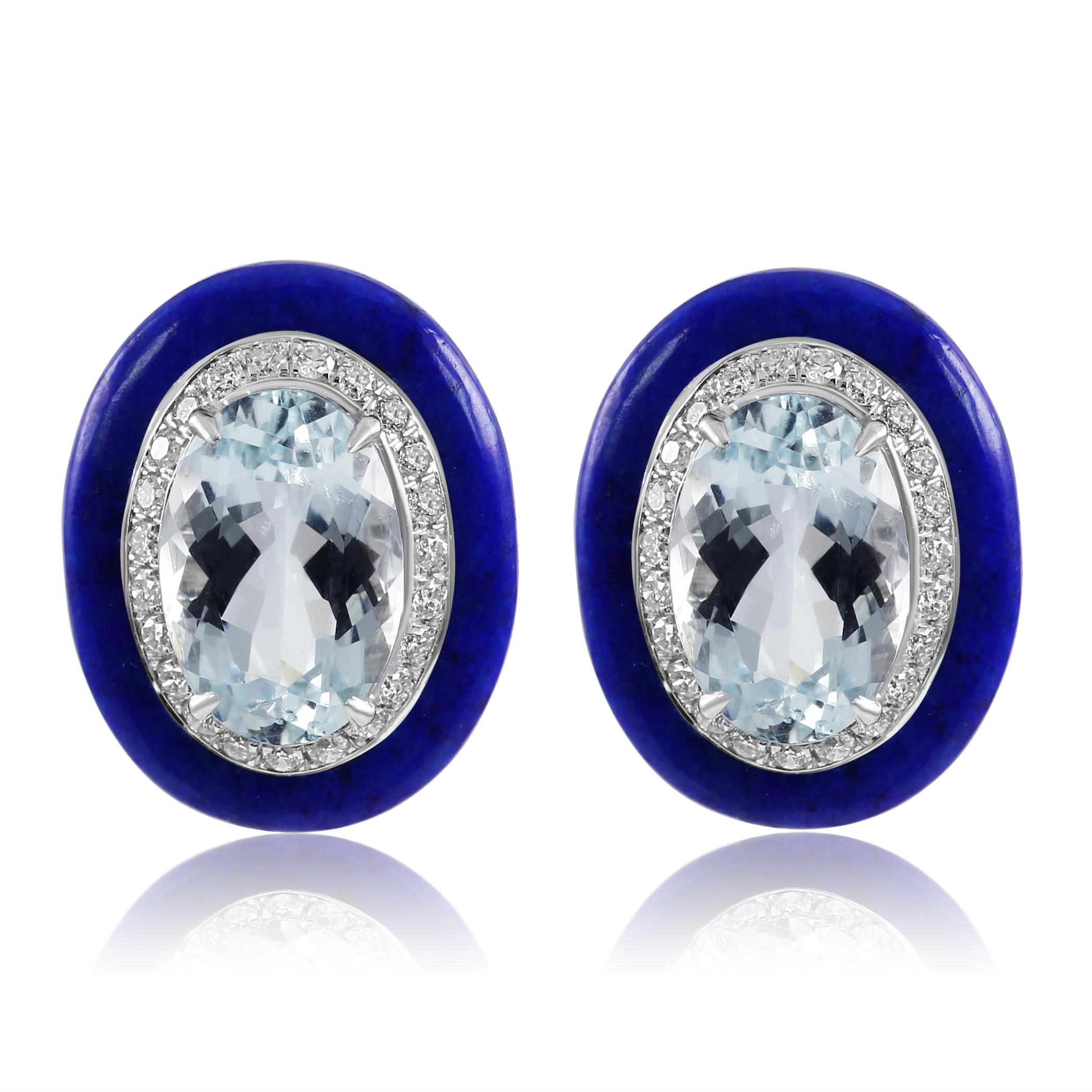 Aquamarine Oval Diamond Round Lapis Lazuli Halo 18K White Gold Art Deco Earring For Sale 1