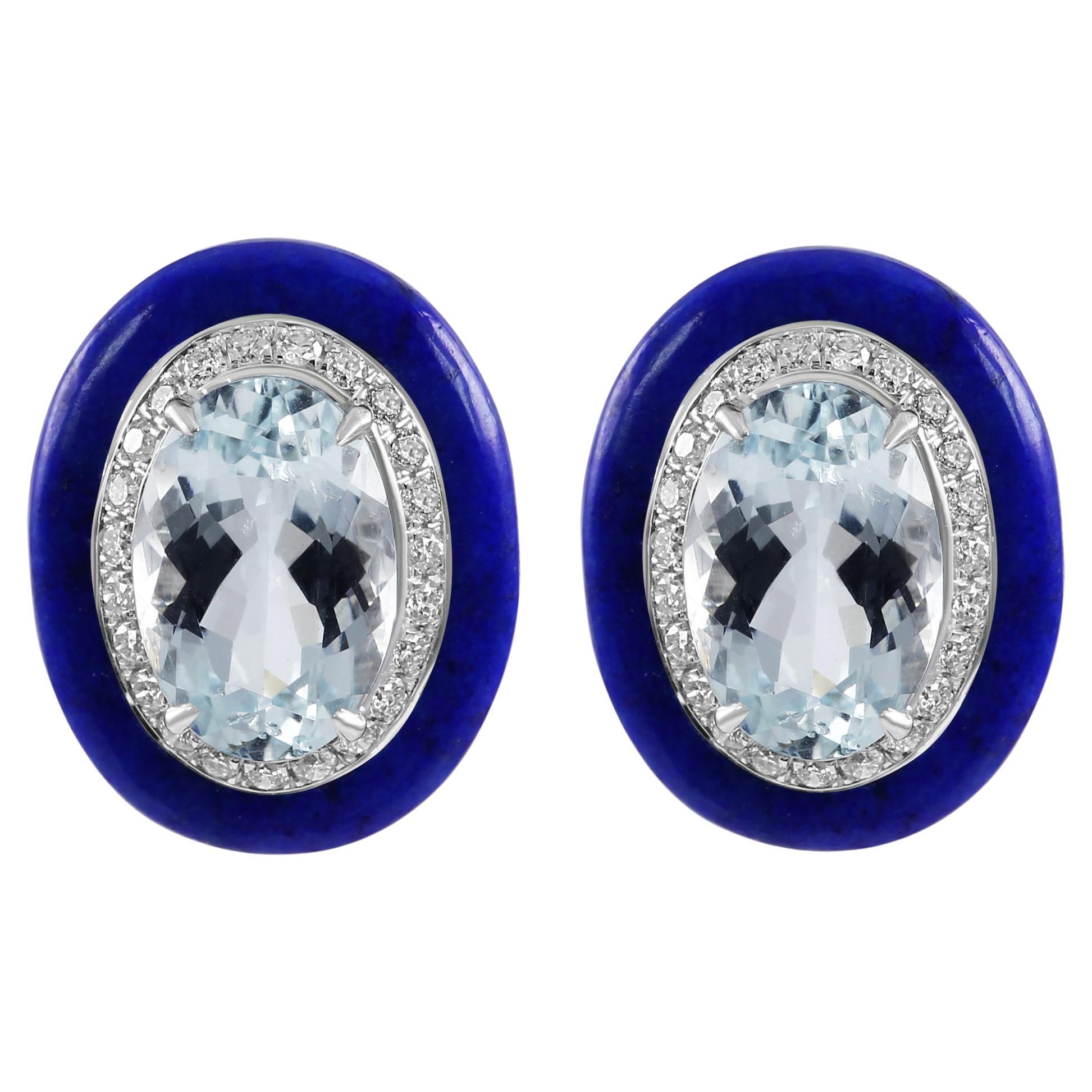 Aquamarine Oval Diamond Round Lapis Lazuli Halo 18K White Gold Art Deco Earring For Sale