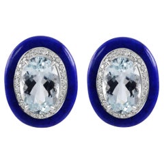 Aquamarine Oval Diamond Round Lapis Lazuli Halo 18 Karat Gold Art Deco Earring