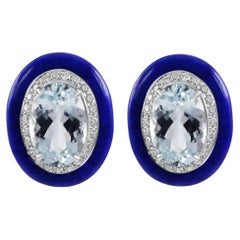 Aquamarine Oval Diamond Round Lapis Lazuli Halo 18K White Gold Art Deco Earring