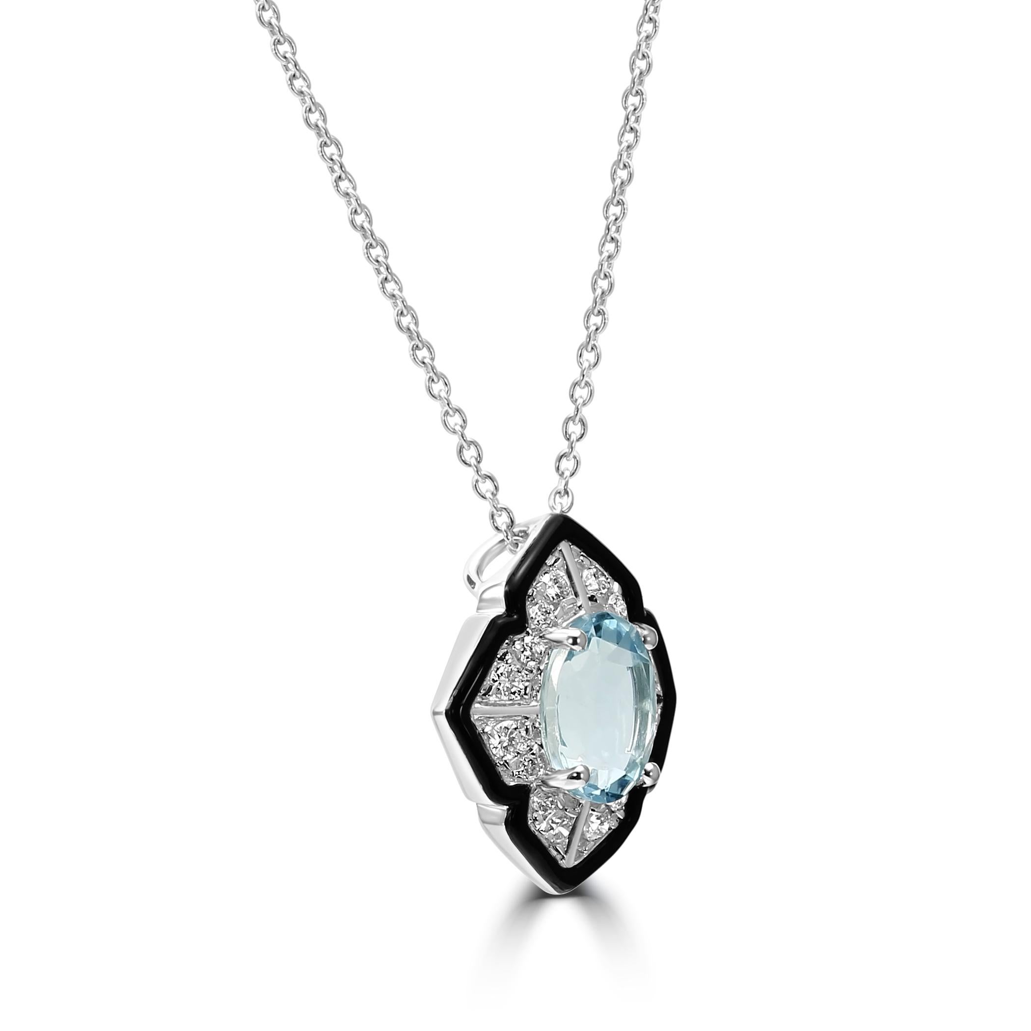 Step into the glamour of the Art Deco era with our 14K White Gold Pendant Fashion Necklace.

This exquisite piece is a celebration of vintage-inspired elegance, featuring a focal point of a captivating Aquamarine Oval, weighing 1.78 carats. The soft
