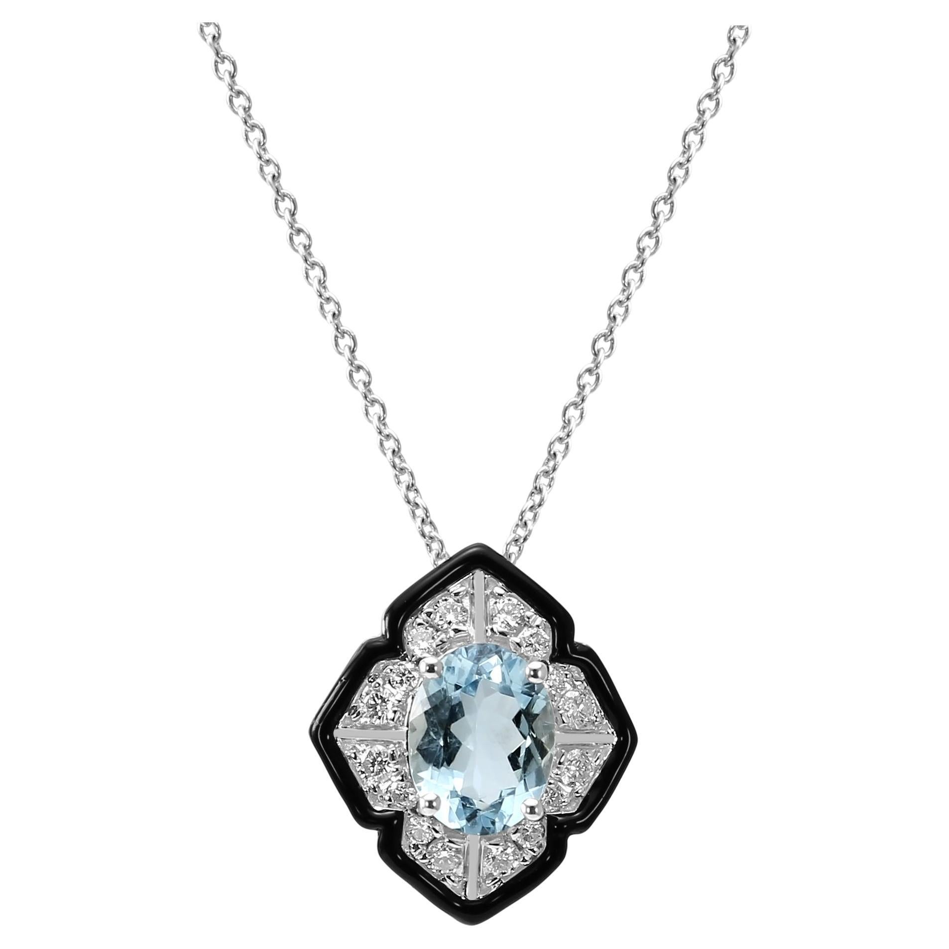 Aquamarine Oval Diamond Round White Gold Art Deco Look Enamel Fashion Necklace For Sale