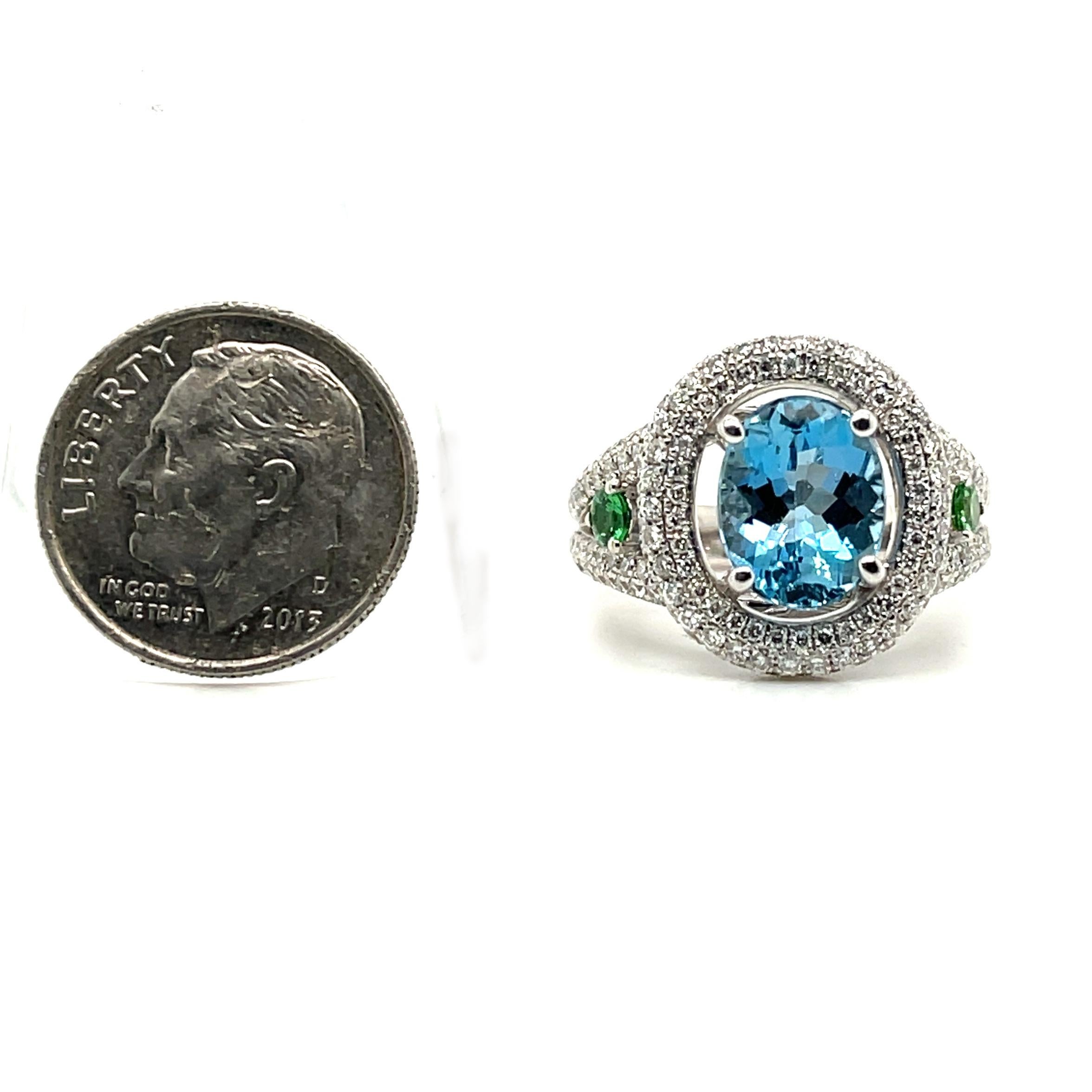 Aquamarine, Tsavorite Garnet and Diamond Halo Cocktail Ring in White Gold In New Condition For Sale In Los Angeles, CA