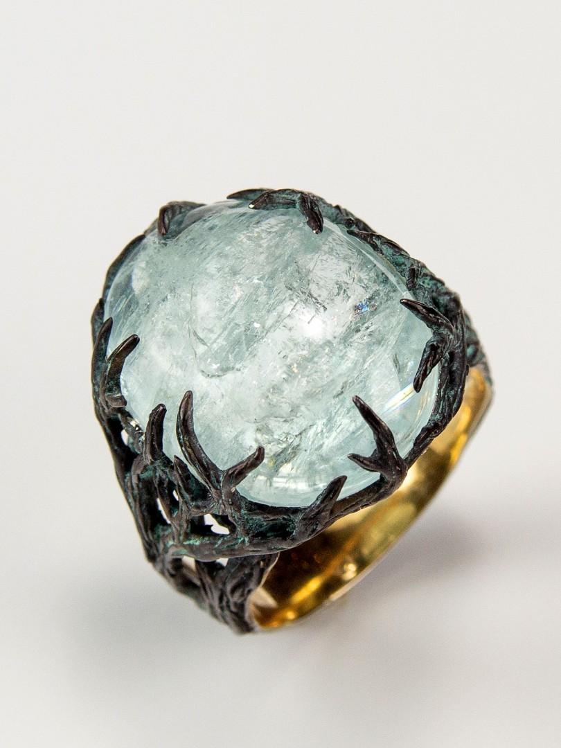 Aquamarine Ring Blue Beryl Cabochon Magic Tree Unisex Ring For Sale 6