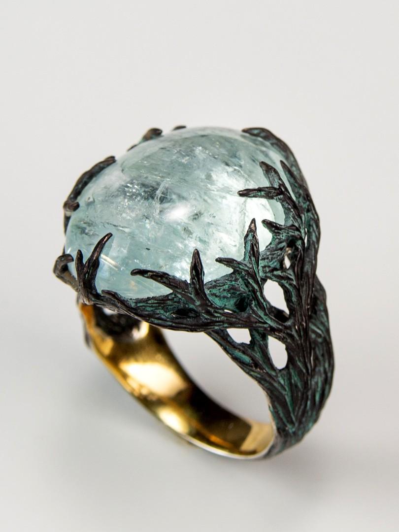 Aquamarine Ring Blue Beryl Cabochon Magic Tree Unisex Ring For Sale 7