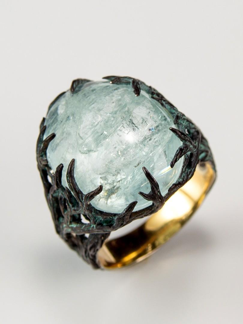 Aquamarine Ring Blue Beryl Cabochon Magic Tree Unisex Ring For Sale 8