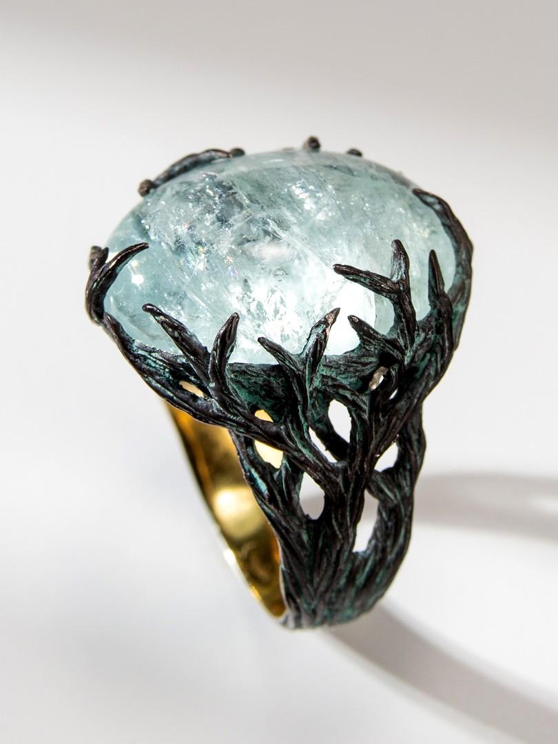 Aesthetic Movement Aquamarine Ring Blue Beryl Cabochon Magic Tree Unisex Ring For Sale