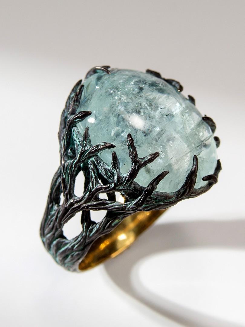 Aquamarine Ring Blue Beryl Cabochon Magic Tree Unisex Ring In New Condition For Sale In Berlin, DE