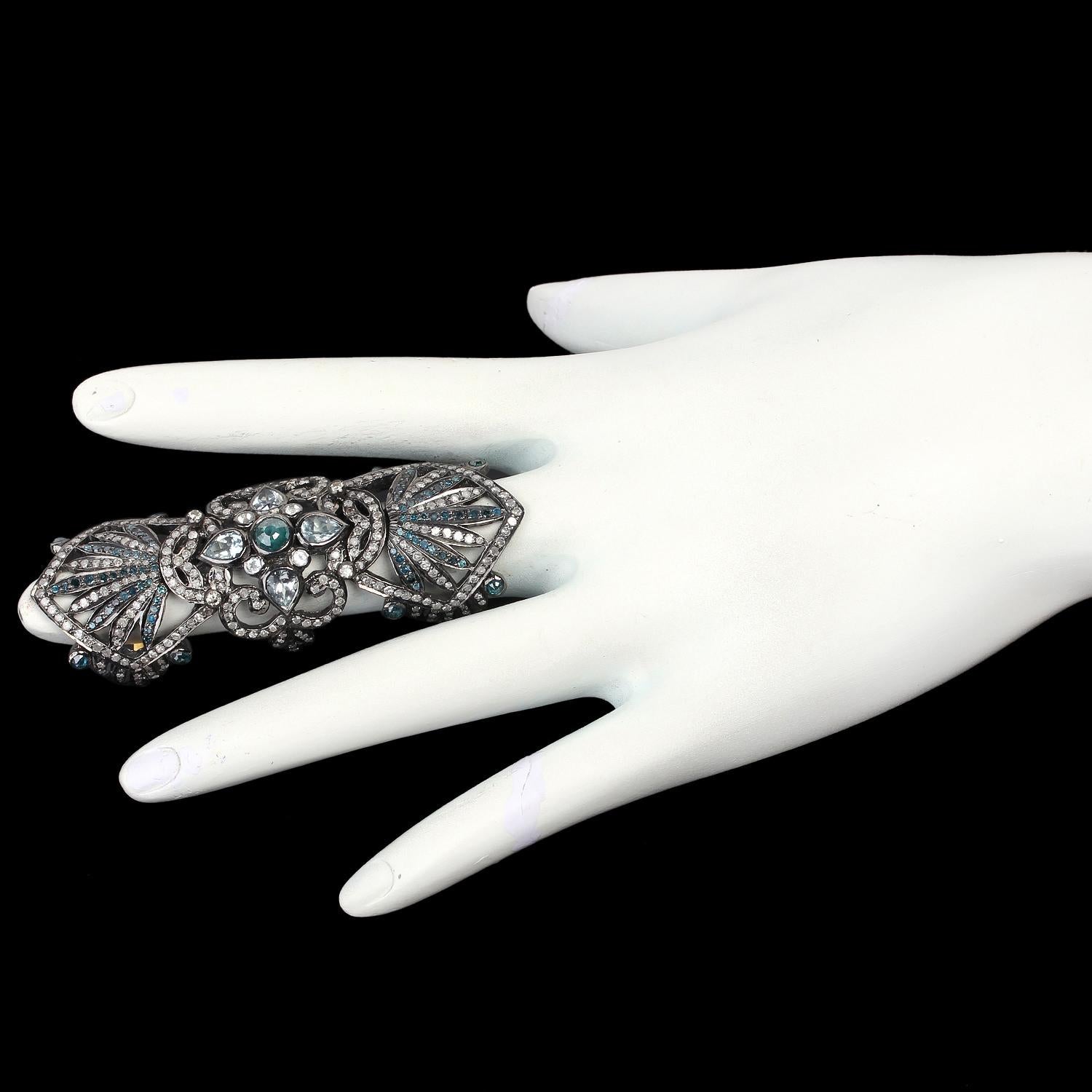 Mixed Cut Aquamarine & Pave Diamonds Long Ring Made in 18k Gold & Silver For Sale