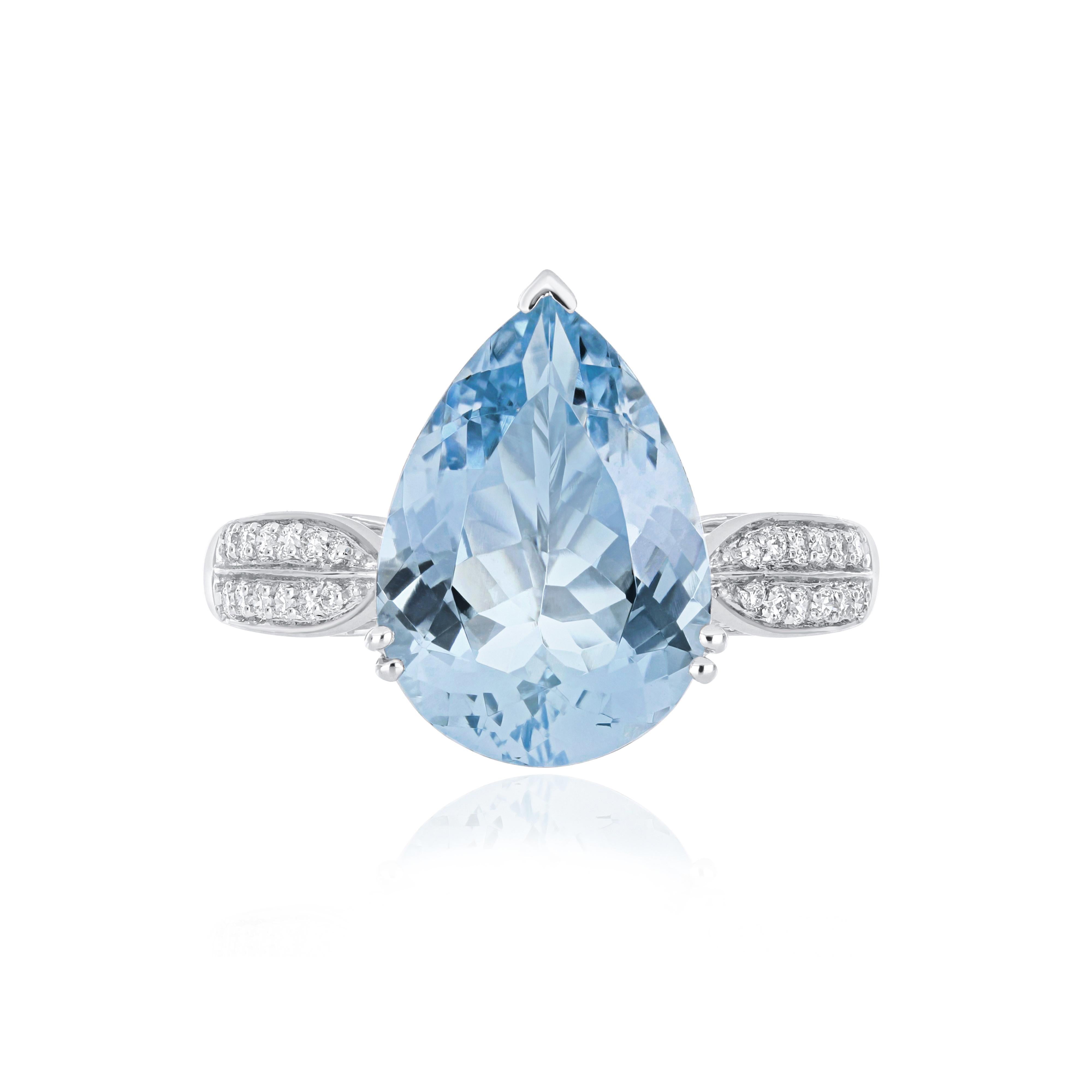 Elegant and exquisitely detailed 18 Karat White Gold Ring, center set with Aquamarine Pear Shape with approx. 4.24Cts. Diamond Brilliant Round Shape with approx. 0.139Cts Beautifully Hand crafted in 18 Karat White Gold.

Stone Detail:
Aquamarine