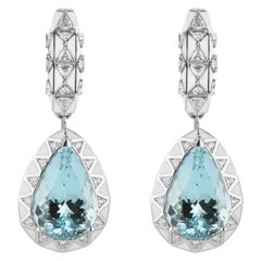 Aquamarine Pear Cut 15.28 Carat and Diamond Drop Earrings