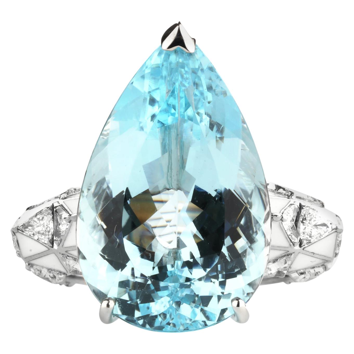 Aquamarine Pear Cut and Diamond Ring For Sale