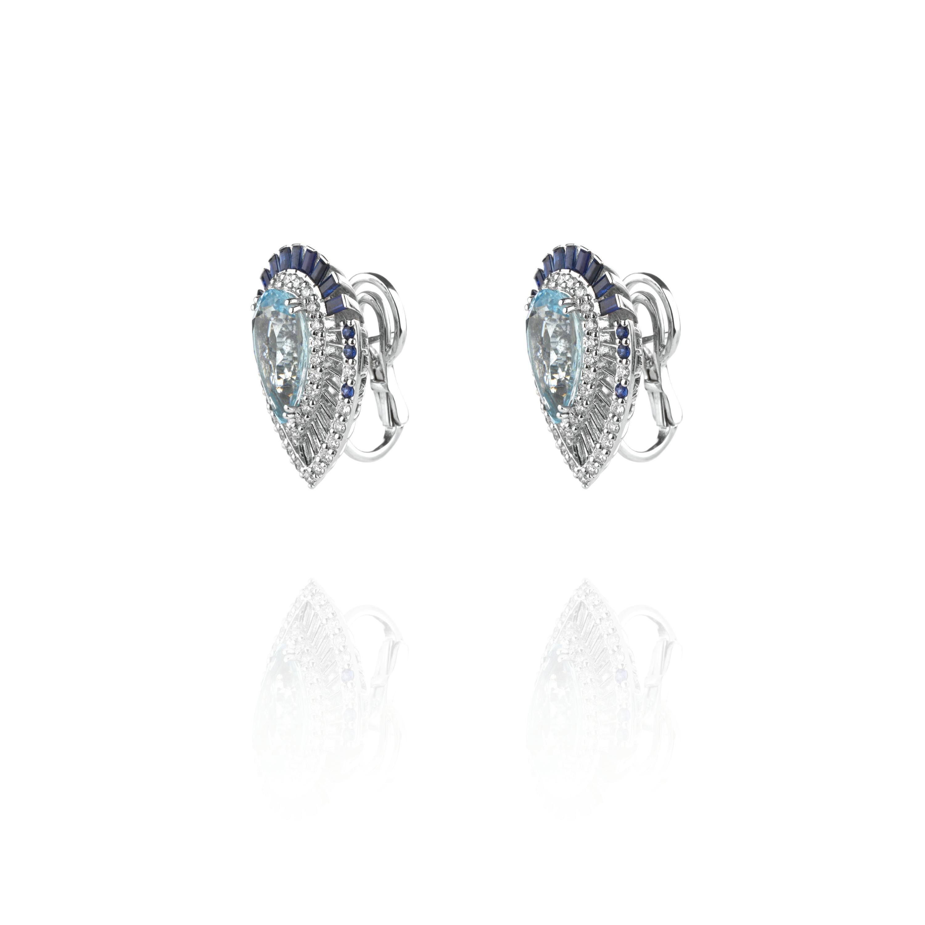 A Pair of Aquamarine, Sapphire and Diamond Gold Earrings 