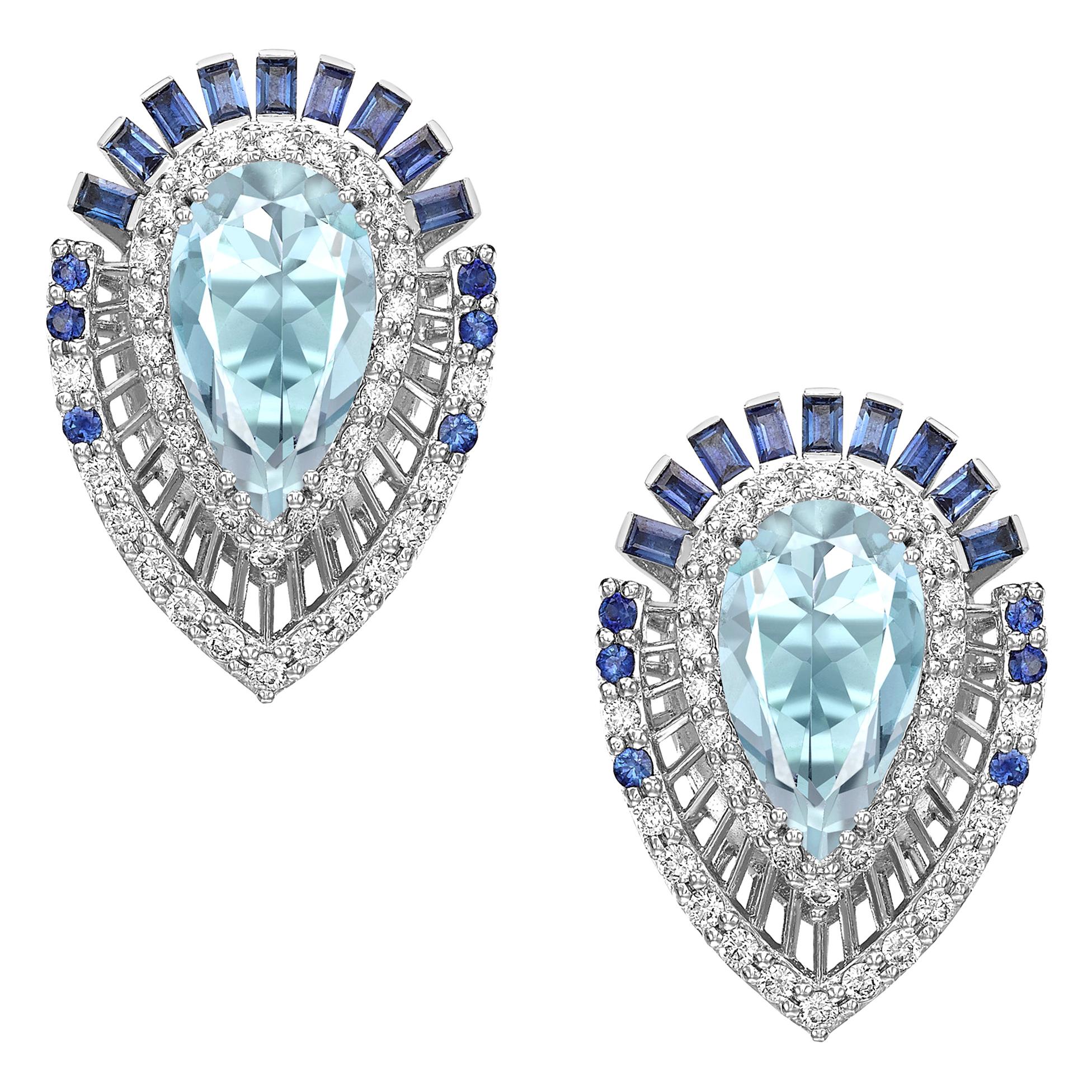 Aquamarine Pear Cut Earring Studs with Sapphires and Diamonds