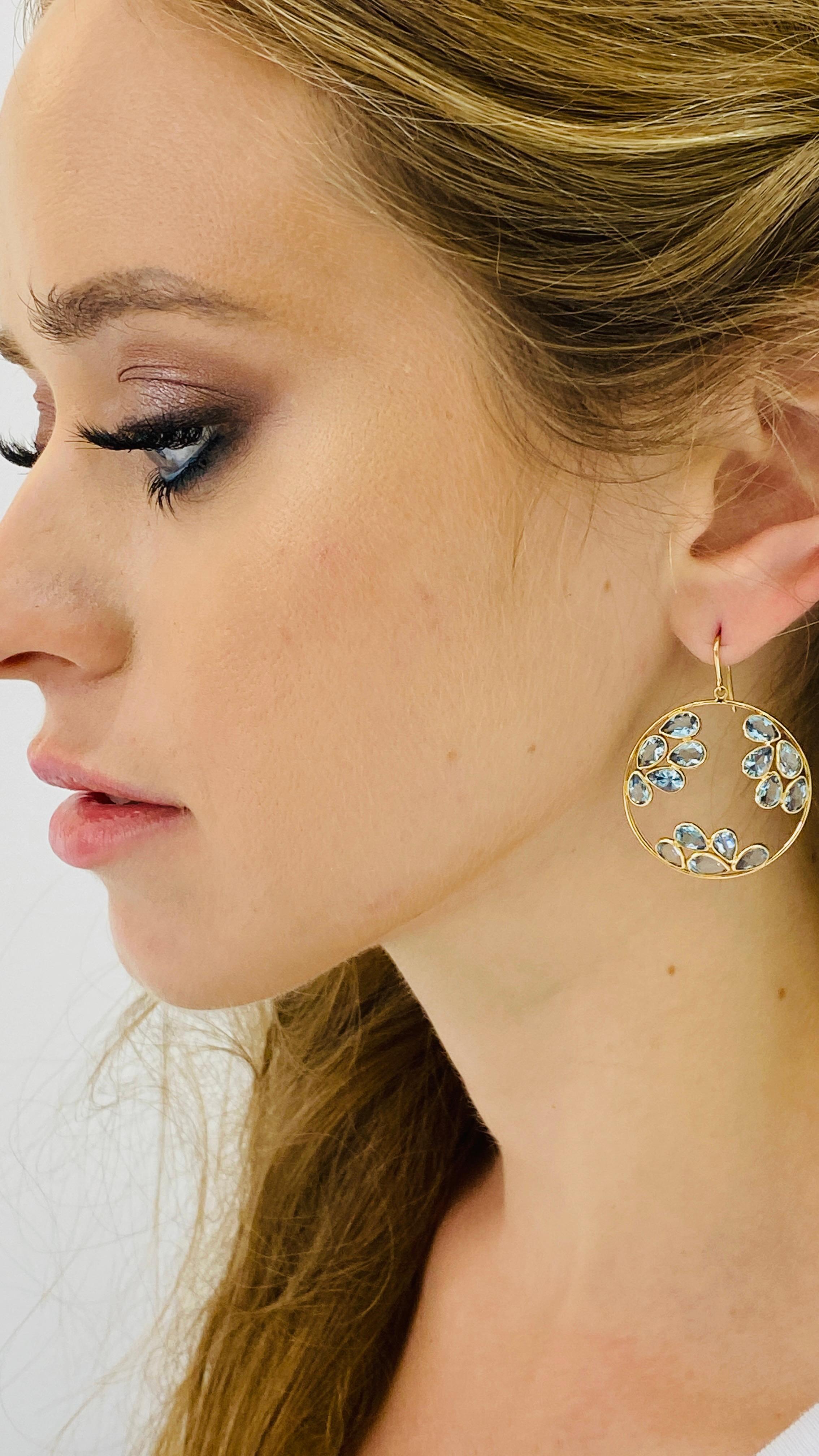Tresor Beautiful Earring feature 10.40 carats of Aquamarine. The Earring is an ode to the luxurious yet classic beauty with sparkly gemstones and feminine hues. Their contemporary and modern design make them perfect and versatile to be worn at any