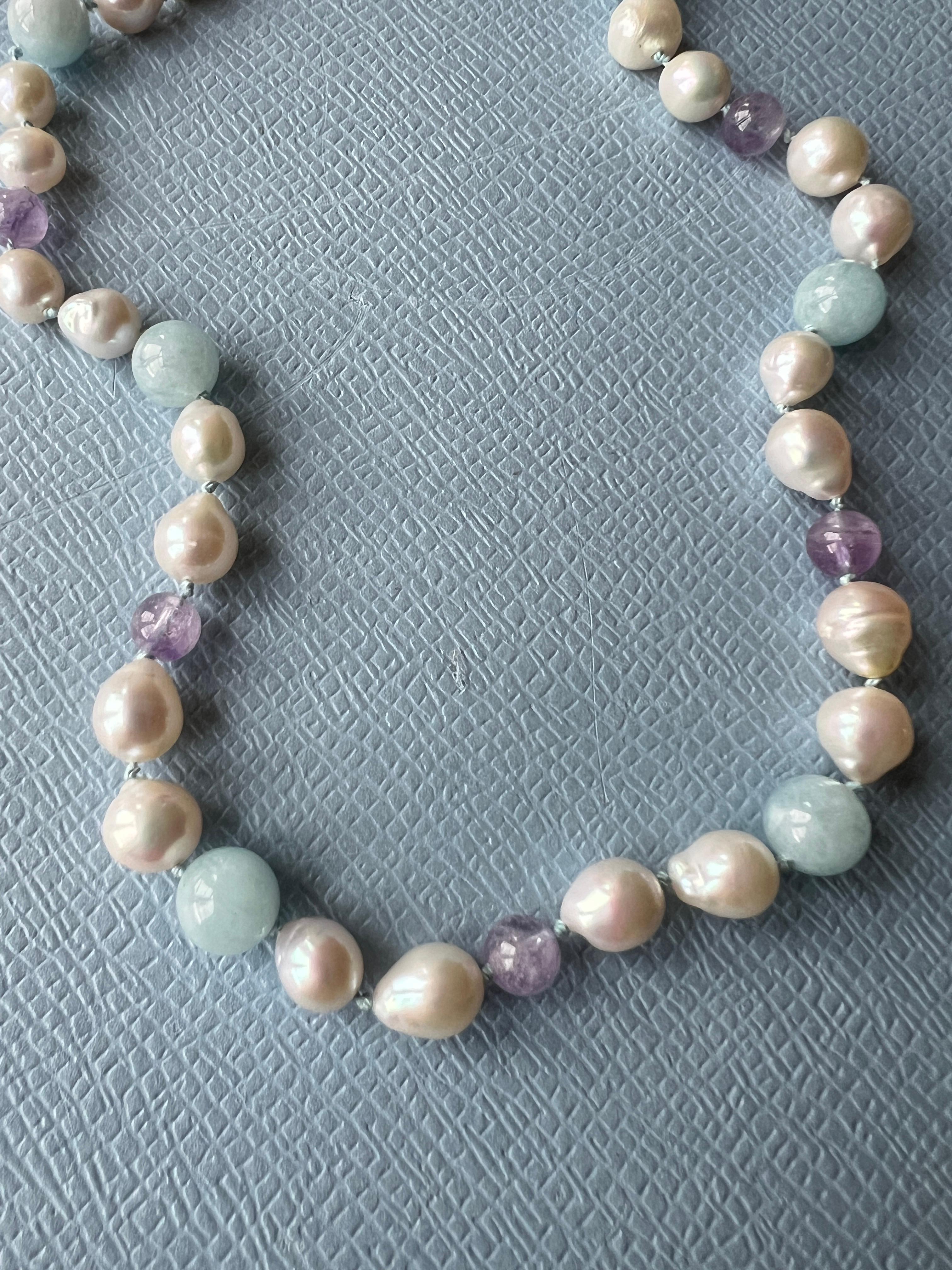 Aquamarine Pearl Amethyst Necklace Choker In New Condition In Los Angeles, CA