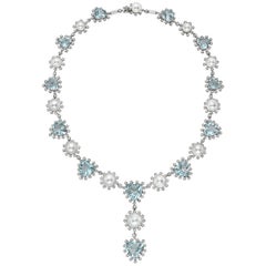 Aquamarine, Pearl and Diamond Bead Necklace