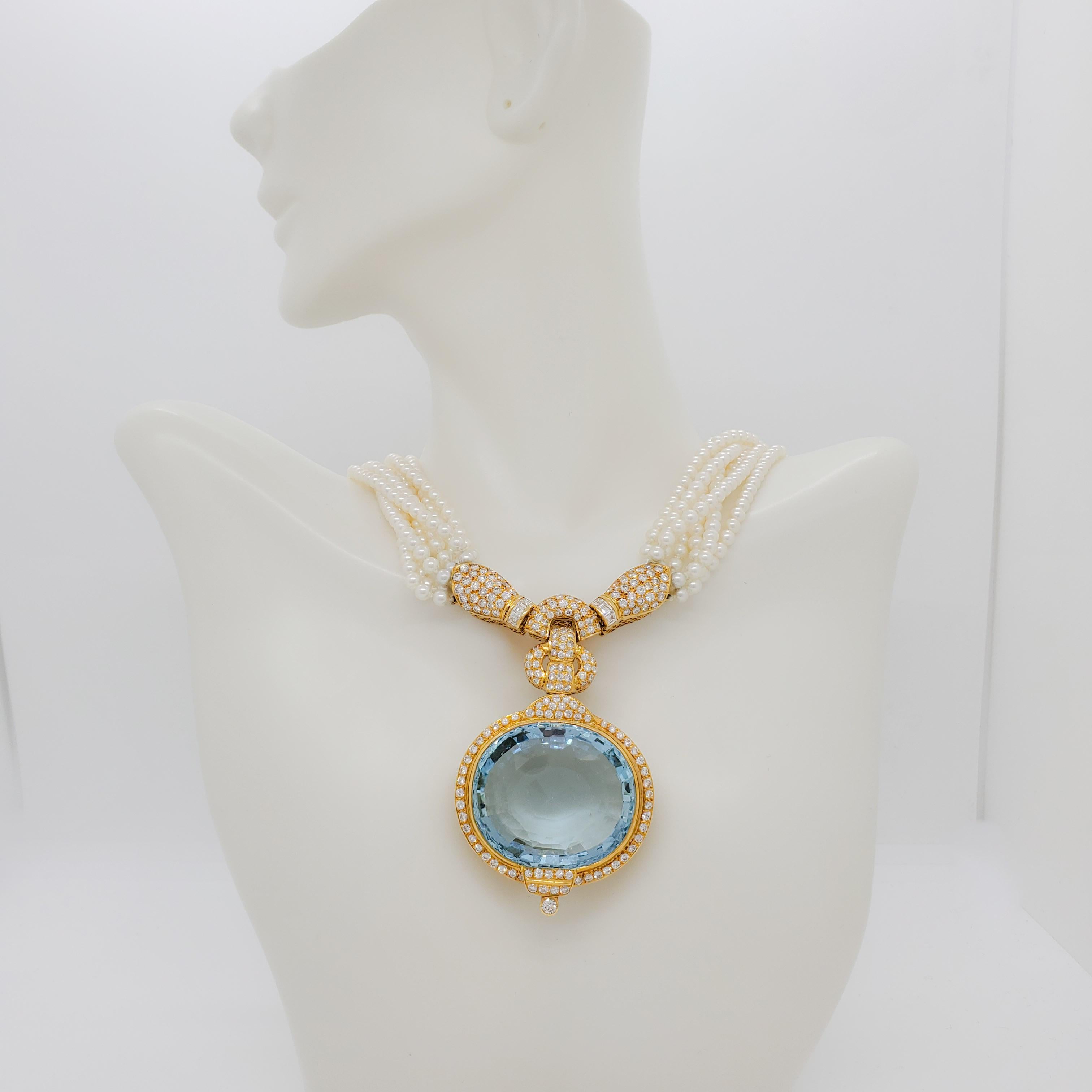 Aquamarin, Perle und weißer Diamant - Halskette aus 18k Gelbgold (Ovalschliff)