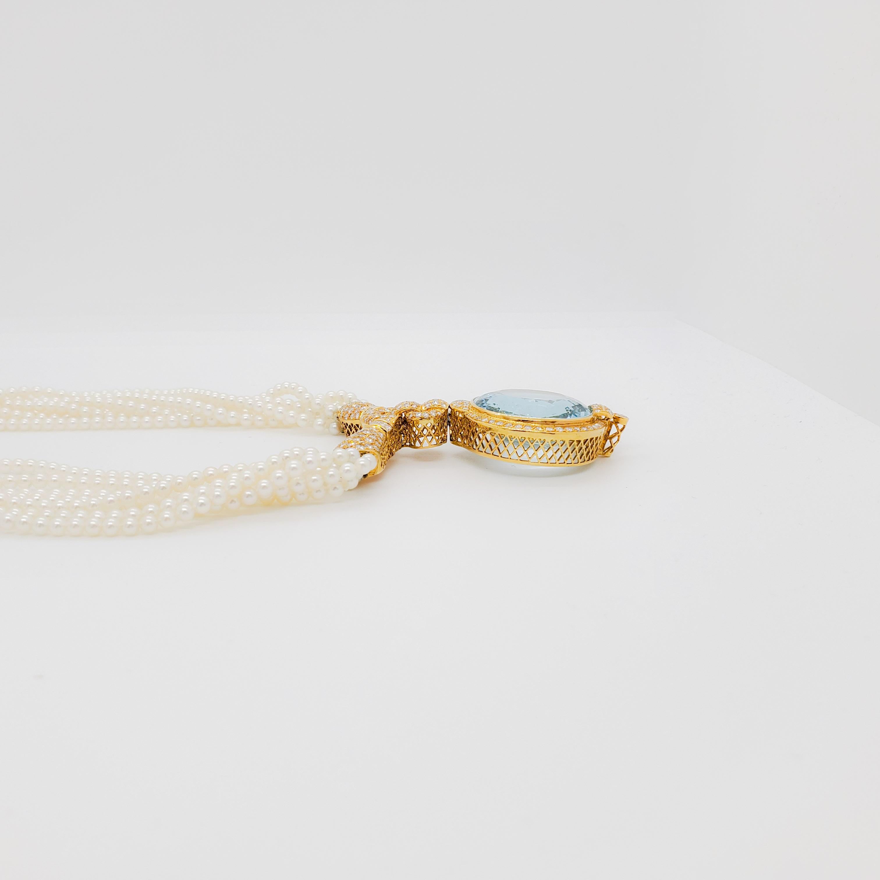 Aquamarin, Perle und weißer Diamant - Halskette aus 18k Gelbgold im Zustand „Neu“ in Los Angeles, CA