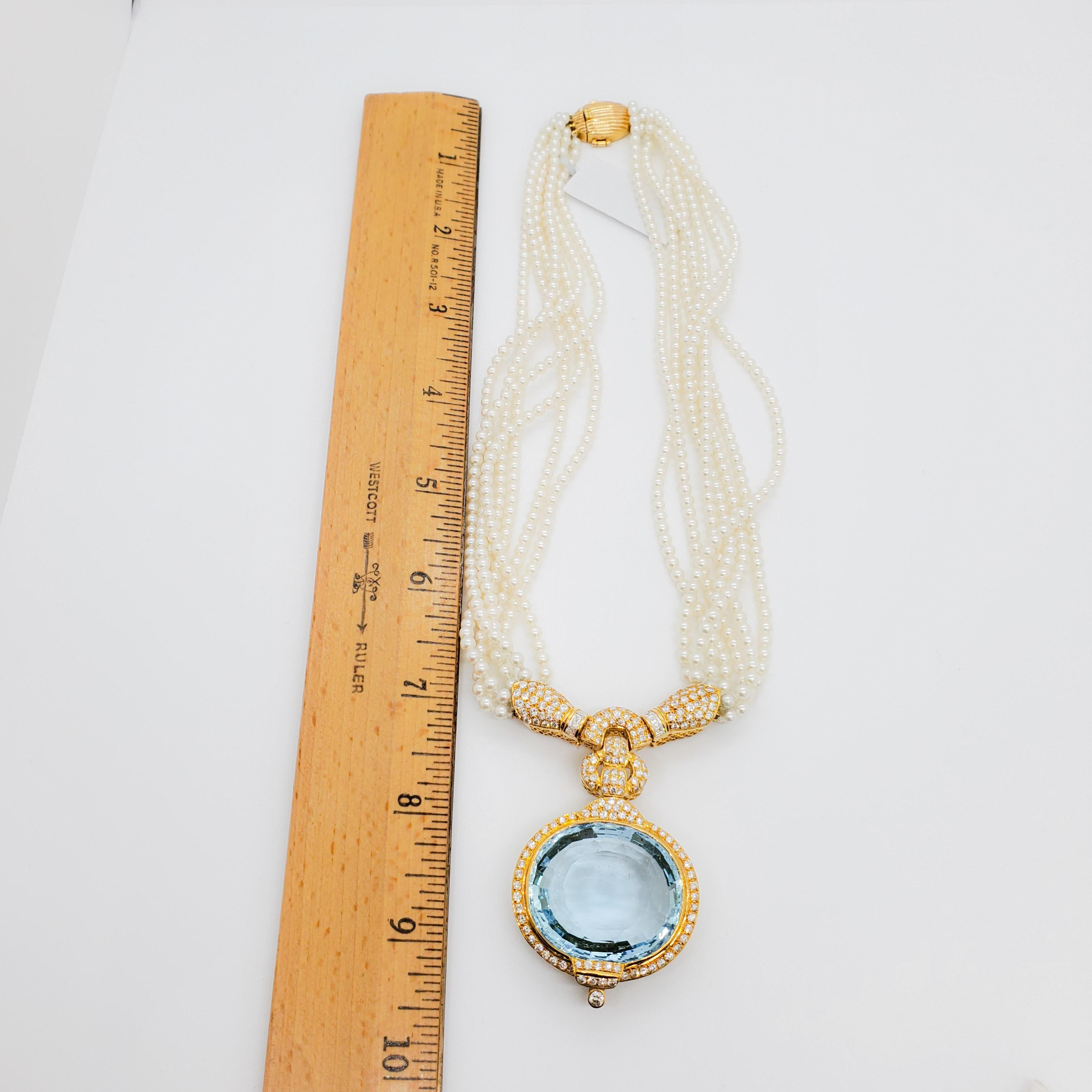 Aquamarin, Perle und weißer Diamant - Halskette aus 18k Gelbgold für Damen oder Herren