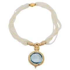 Aquamarine, Pearl, and White Diamond Necklace in 18k Yellow Gold