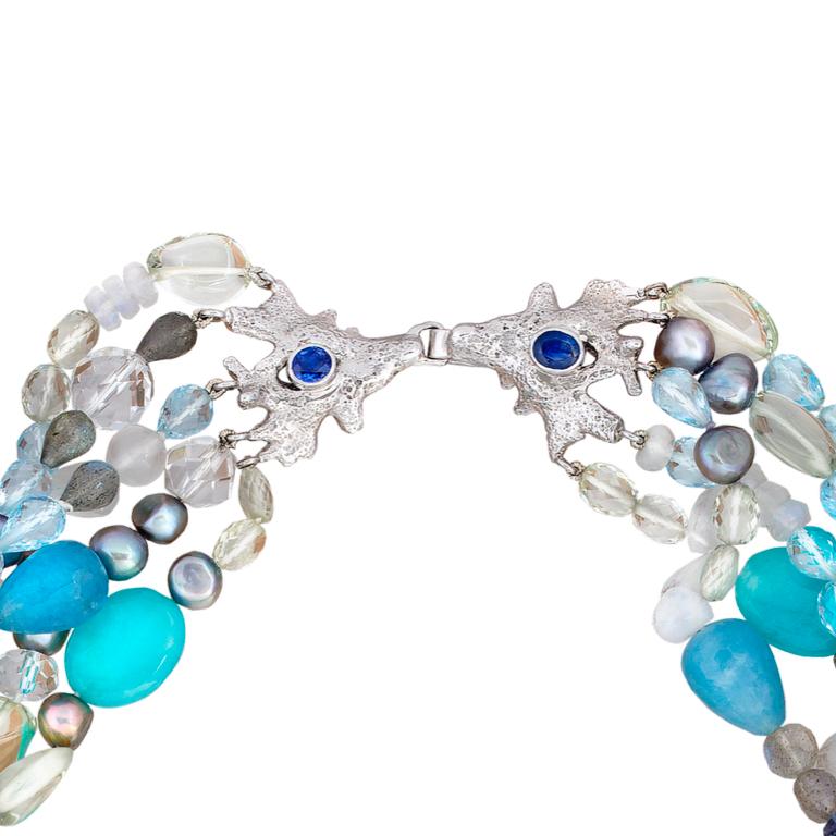 Baroque Revival Aquamarine Pearl Beryl Topaz Diamond 18 Carat White Gold Multi-Strand Necklace