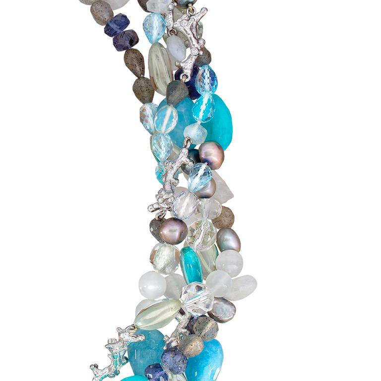 Aquamarine Pearl Beryl Topaz Diamond 18 Carat White Gold Multi-Strand Necklace In New Condition In London, GB