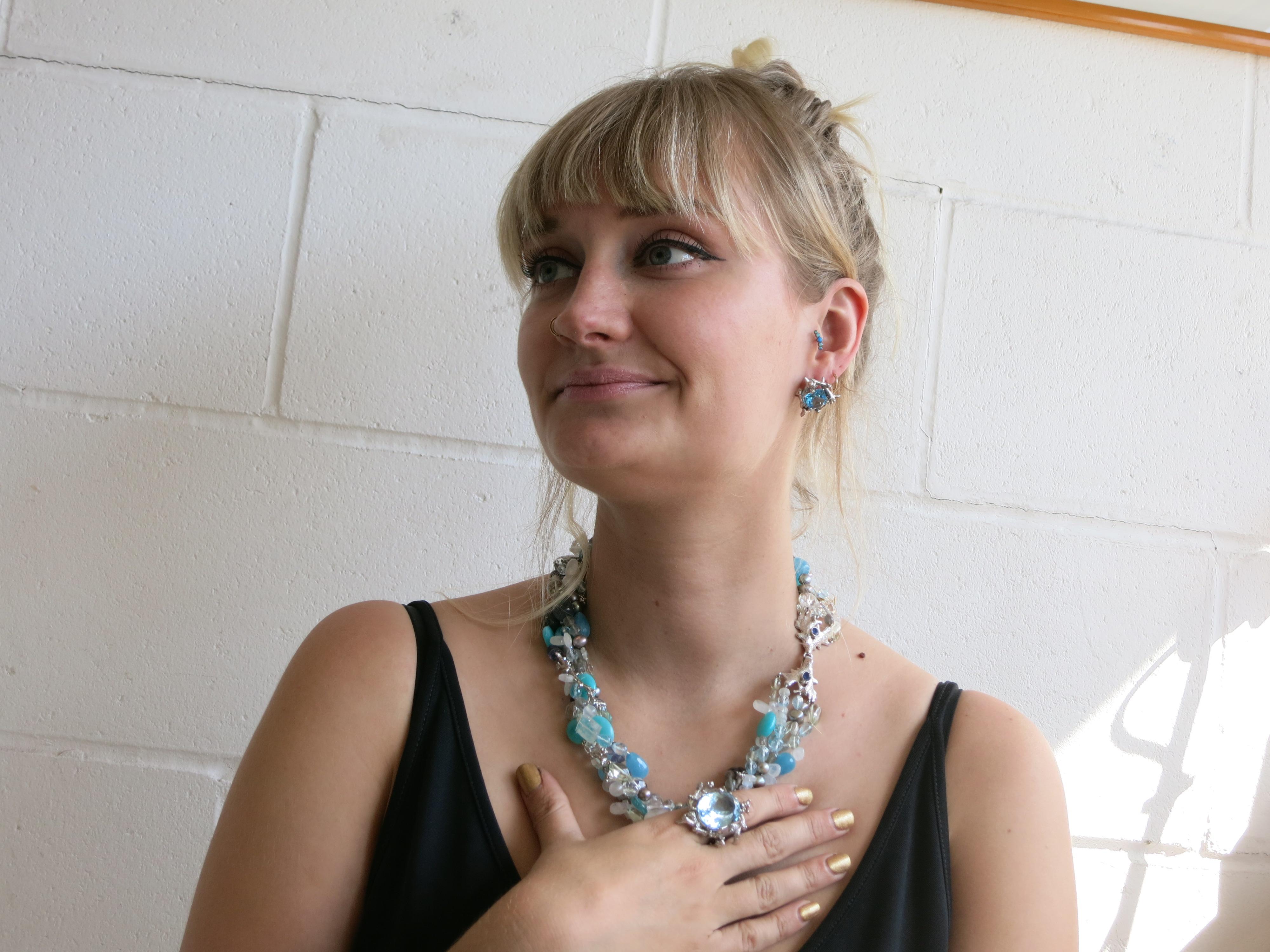 Women's Aquamarine Pearl Beryl Topaz Diamond 18 Carat White Gold Multi-Strand Necklace