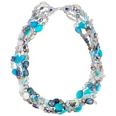 Aquamarine Pearl Beryl Topaz Diamond 18 Carat White Gold Multi-Strand Necklace