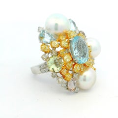 Aquamarine Pearl Yellow Diamond Cluster Ring in 18K Gold
