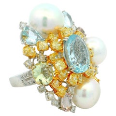 Aquamarine Pearl Yellow Diamond Cluster Ring in 18K Gold