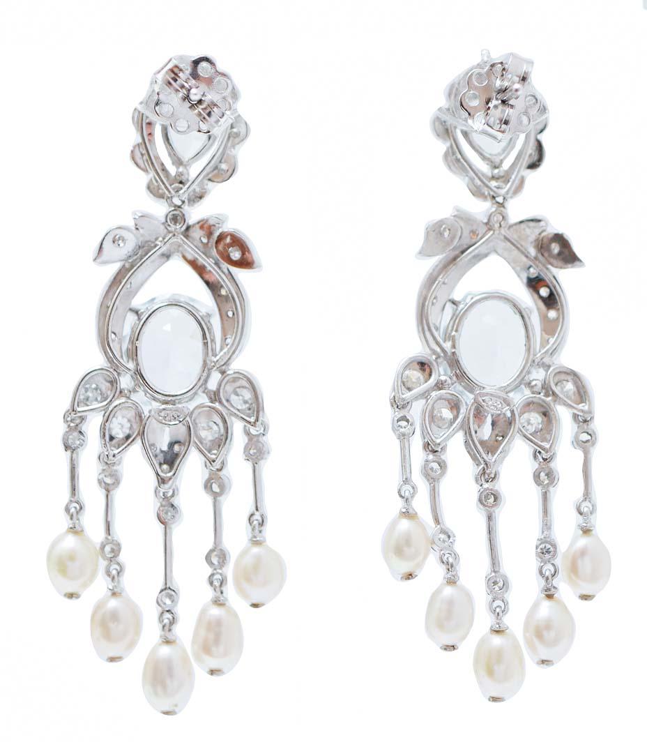 Retro Aquamarine, Pearls, Diamonds, Platinum Dangle Earrings. For Sale